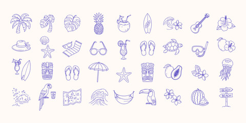 Tropical Summer Doodle Icon Set with Hand Drawn Exotic Vacation Elements Including Beach, Surf, and Holiday Symbols

