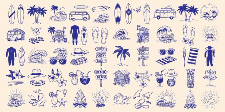 Summer Surf Set with Hand Drawn Tropical Vacation Elements – Palm Trees, Surfboards, Waves, Vans, Beach Huts, Signs, and Summer Accessories – Vintage Exotic Island Line Art for Logos and Prints
- Powered by Adobe