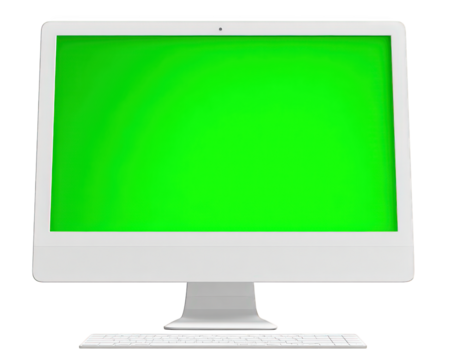 White computer monitor with green screen, modern desktop display, isolated on transparency background, technology concept, blank screen for design, digital workspace, clean and minimal style