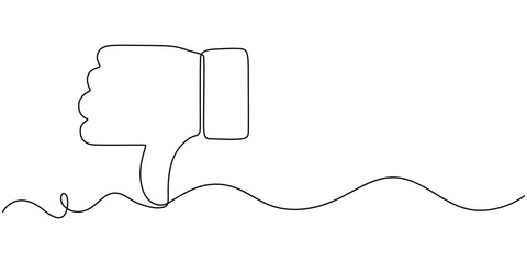 Thumb down in one continuous line. Symbol of evil. Negative gesture showing dislike in a one-line style. Vector editable stroke, Vector continuous one single line drawing icon of hand thumb down.