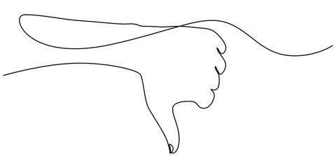 Thumb down in one continuous line. Symbol of evil. Negative gesture showing dislike in a one-line style. Vector editable stroke, Vector continuous one single line drawing icon of hand thumb down.