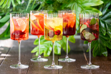 Five elegant cocktail glasses filled with colorful drinks, garnished with fresh fruits and herbs, placed on a wooden surface with lush green leaves in the background