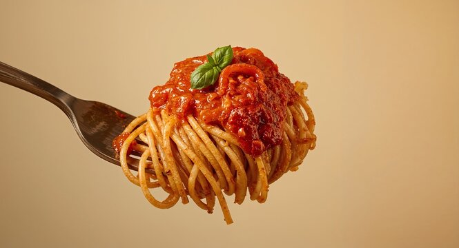 Spaghetti with tomato sauce and basil leaf on a fork against a light beige background close up shot