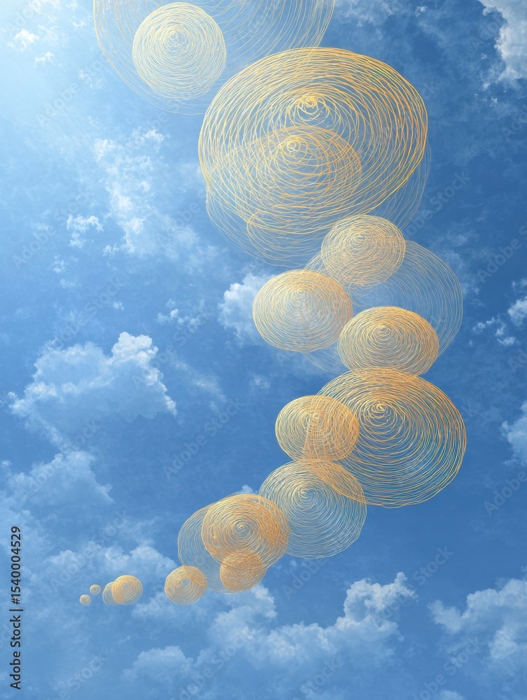 Poster swirling thought bubbles spiral into the distant sky against a backdrop of soft clouds and bright bl