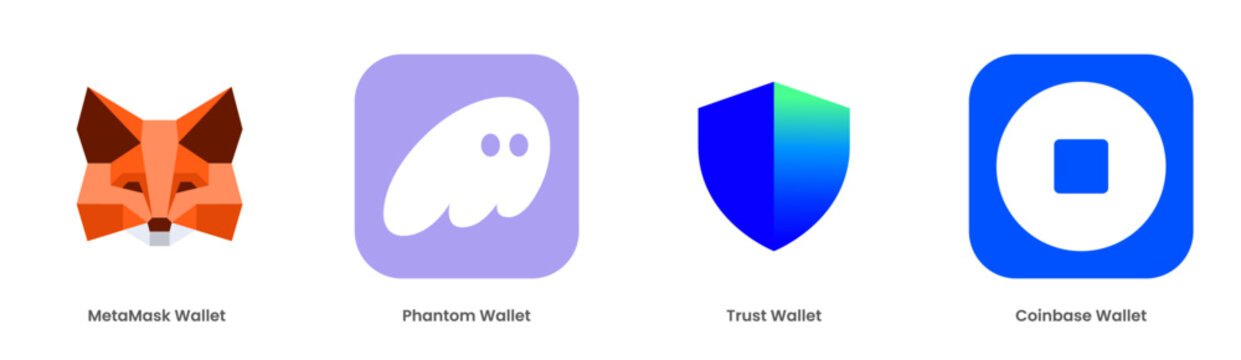 Vector Logos of MetaMask, Phantom, Trust Wallet, and Coinbase Wallet icons with Transparent Background for Cryptocurrency Digital Wallet App and Blockchain Finance Design