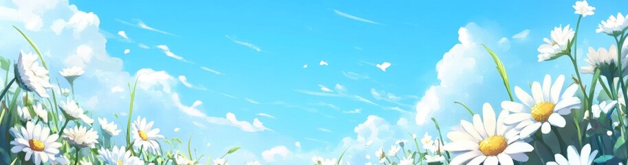 A field of white daisies under a vibrant blue sky