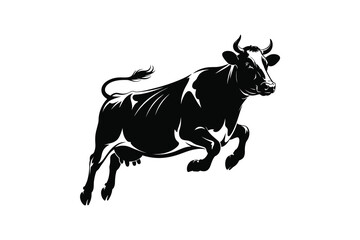 Fototapeta premium Bold Leaping Bull Black and White Vector Illustration – Dynamic Animal Silhouette for Logos, Agriculture, or Sports Branding