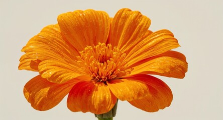 A close up of an orange flower with many petals and a white background in a studio setting