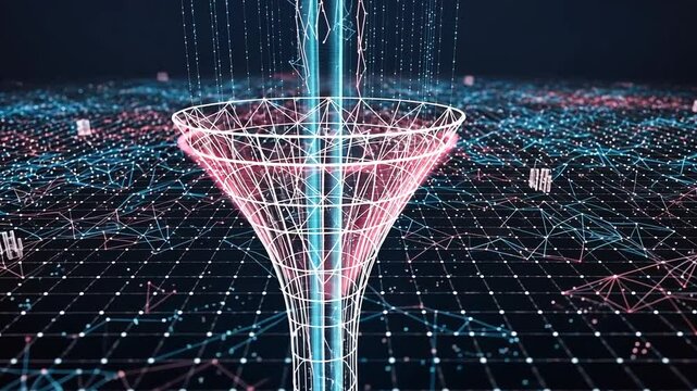 Digital Data Funnel Visualization Showing Networked Processing of Red and Blue Digital Information on a Dark Background