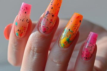 Nails colorful close-up. Manicure closeup. Woman bright nails macro. Nail care in beauty salon. Spa healthy treatments for female hands. Fashion bright summer trendy manicure.