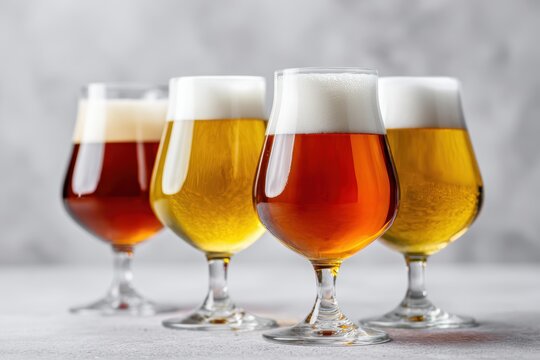 Close-up of a craft beer flight in elegant glasses, highlighting diverse colors, clarity, and foam for a premium tasting experience.