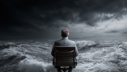 Fototapeta premium A corporate figure sits on a chair amidst turbulent waves and dark clouds, symbolizing leadership under pressure and crisis management.