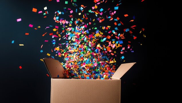 Colorful confetti erupts from an open cardboard box