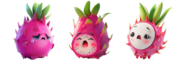 Set of cute dragon fruit with crying face isolated on a transparent background