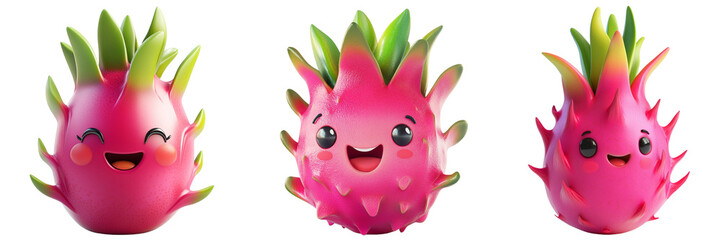 Set of cute dragon fruit with smiling face isolated on a transparent background