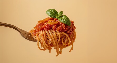 Spaghetti with meat sauce and basil on a fork against a light orange colored plain background