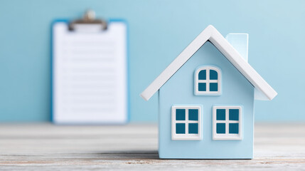 Miniature house model on wooden table with clipboard in background representing insurance healthcare planning and retirement protection concept
