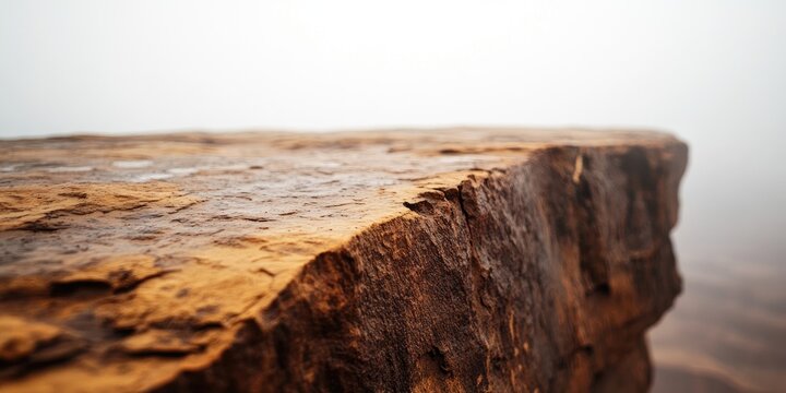 Close-up of a rough, textured rock ledge, edge of a cliff, hazy background
