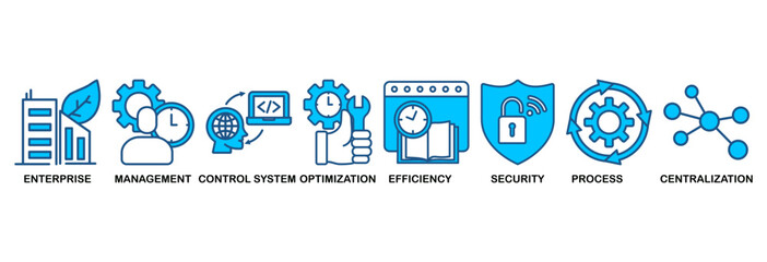 Industrial control system icon set vector illustration concept with icon of enterprise, management, control system, optimization, efficiency, security, process, centralization
