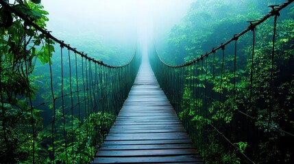 Obraz premium A misty suspension bridge stretches into a lush, green jungle, creating a mysterious and adventurous atmosphere.