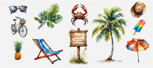 Watercolor Summer Beach Elements, Tropical Vacation Art  Watercolor featuring tropical icons palm trees, crabs, and beach chairs