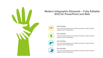 A modern medical infographic featuring two overlapping hands in green and white, symbolizing care and support.