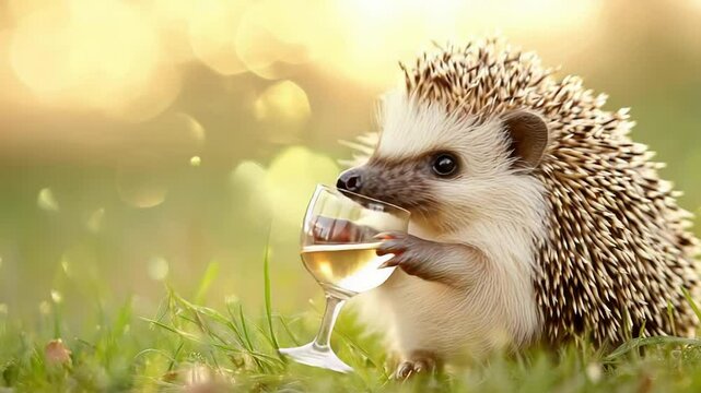 Cute hedgehog holding glass of white wine in sunny garden bokeh background.
