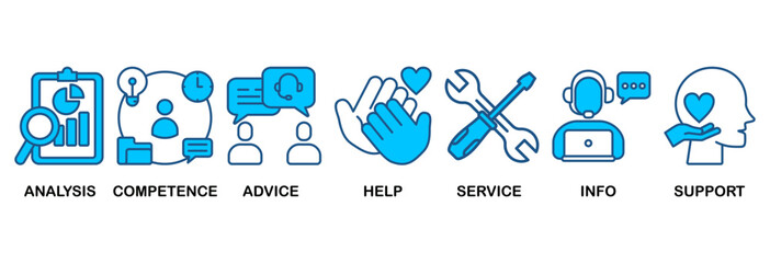 Problem solving icon set vector illustration concept with icon of analysis, competence, advice, help, service, info, and support