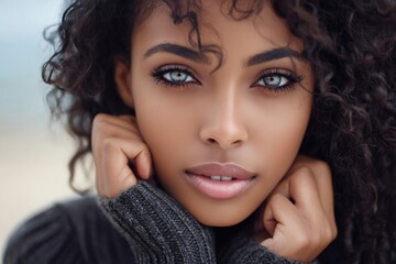 Young woman with grey sweater and beautiful blue eyes showing perfect skin