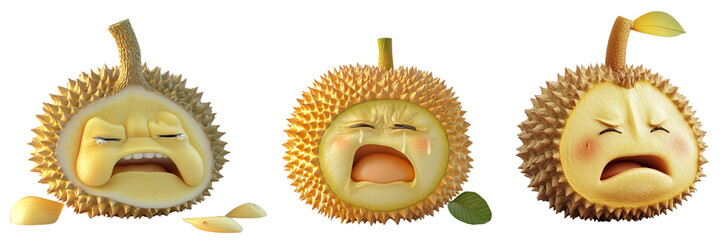Set of cute durian fruit with crying face isolated on a transparent background