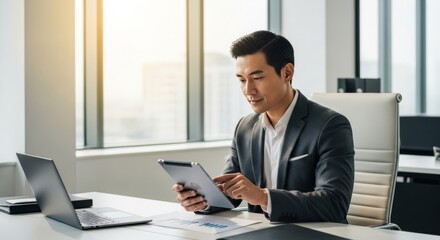 Confident Asian Businessman Working on Tablet in Modern Office