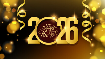 2026 New Year festive banner. Handwritten holiday greetings Happy New Year. Bright blurred bokeh lights and gold ribbons. Vector illustration.
