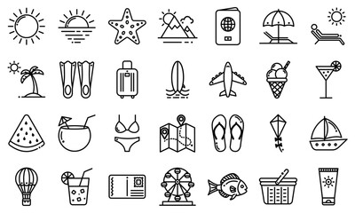 Summer vacation icons in minimalist style with black outlines  