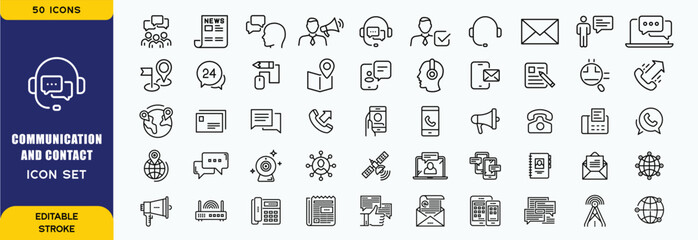 Communication and contacts icon set. Containing speak, phone, mail, contact, chat, website, satellite, radio, antenna, message, connection, news and more. Editable line icons. Vector illustration