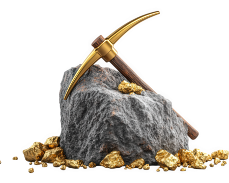 Pickaxe gold mining tool with wooden handle resting on rough stone surrounded by shiny gold nuggets, isolated on transparency background, symbolizing wealth and discovery