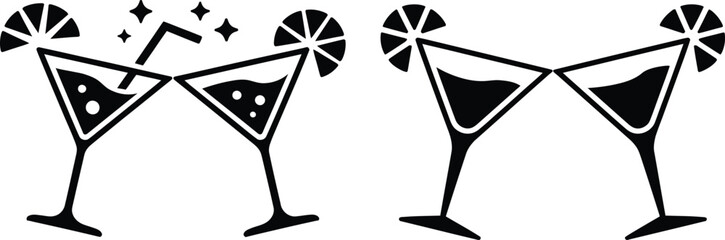 Two martini glasses toasting with a straw and lemon slice and sparkles in black and white illustration