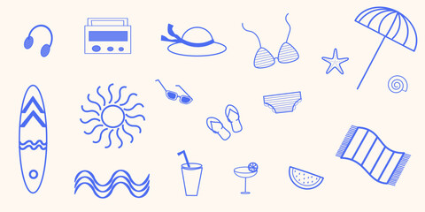 Set di icone mare, vacanze,  estate, elementi da spiaggia utili per pattern, stampe, cartoline