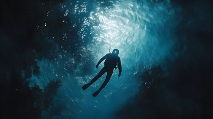 View from below of solitary scuba diver silhouette on glowing light background filtering through deep ocean waters. Mysterious underwater atmosphere with shadowy depths and shimmering textures.