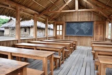 Empty classroom in a rural school showing a world map on the blackboard