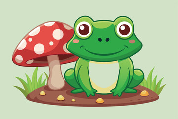 Fototapeta premium Cute Cartoon Frog Sitting Next to a Mushroom on a Mound