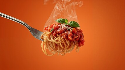 Steaming spaghetti with tomato sauce and basil on a fork against an orange colored background