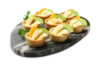 Tartlets with fruits and mint isolated on white. Delicious dessert