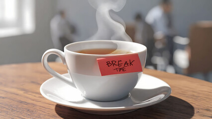 A cup of tea with paper note and "BREAK TIME" text on it, place on the table with blurred business people on background. Importance of taking breaks, Mental health in the workplace