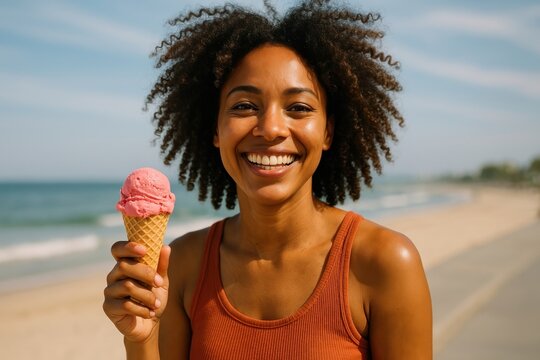 Joyful woman enjoying beach ice cream. - Powered by Adobe