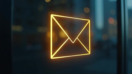 Glowing envelope icon on glass surface in urban setting   - Powered by Adobe