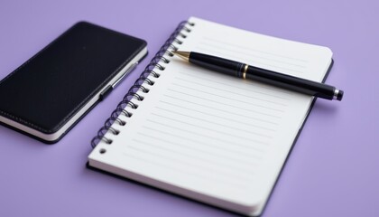 Minimalist Workspace with Open Notebook and Stylish Pen on Purple Surface