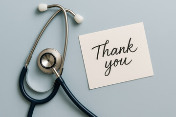 Stethoscope with thank you card symbolizing appreciation and gratitude for healthcare professionals, medical care, and support