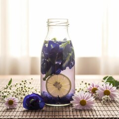 Herbal Butterfly Pea Drink with Lime and Floral Decor