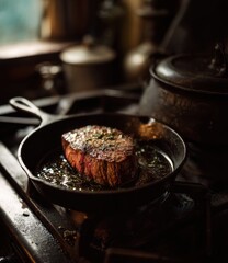 A juicy steak sizzles in a dark cast iron skillet on a vintage stovetop, herbs scattered around it, bathed in warm, rustic light