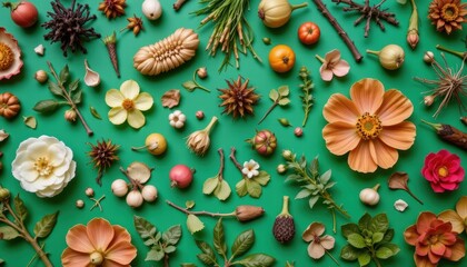 Diverse Collection of Dried Flowers and Botanicals on a Green Background in Natural Arrangement